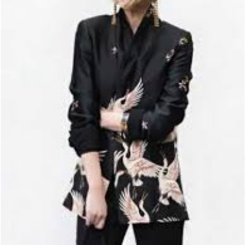 zara crane bird print blazer with sash belt Sz XS - Picture 3 of 16